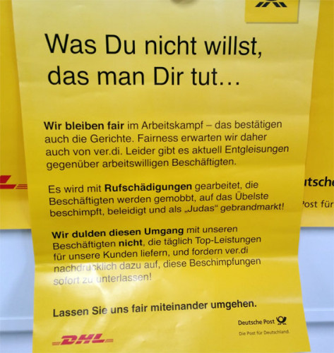 Einschüchterungsversuche der Deutschen Post AG während des Poststreiks im Juni 2015., Foto: Avanti²