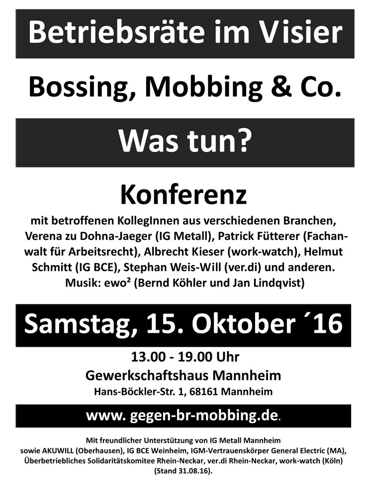 Betriebsräte im Visier Bossing, Mobbing & Co 15.10.2016