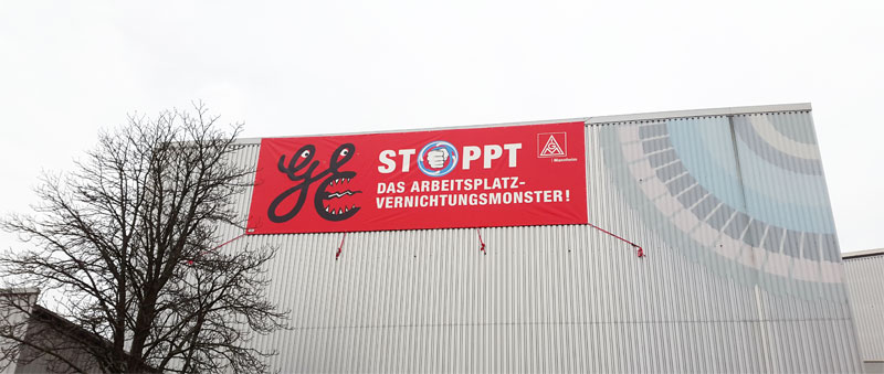 Protesttransparent an der Halle 25 in Käfertal - von GE noch im Jahr 2016 entfernt. Foto: Avanti²