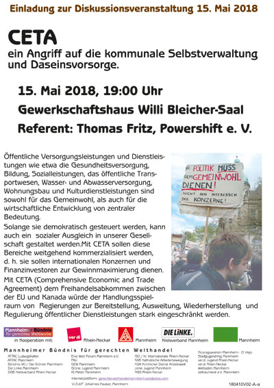 Das Flugblatt zum Download - Veranstaltung gegen CETA 15.5.2018 Mannheim.