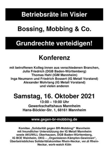 Plakat der 8. Konferenz gegen BR-Mobbing am 16. Oktober 2021