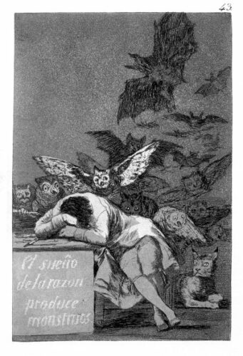 Francisco de Goya, Der Schlaf der Vernunft gebiert Ungeheuer, Aquatinta-Radierung, um 1797. (Foto: Gemeinfrei.)