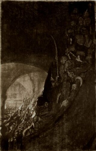 Käthe Kollwitz, Bewaffnung in einem Gewölbe, Blatt 4 aus dem Zyklus „Bauernkrieg“, 1906, Zweifarbige Radierung. (Foto: Privatarchiv.)