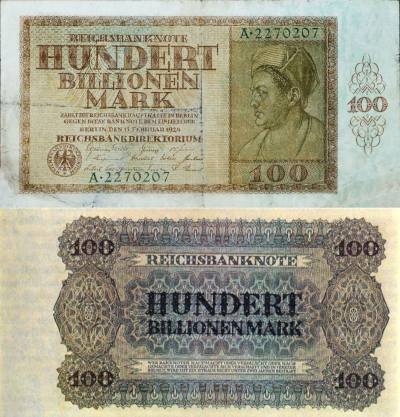 Reichsbanknote 100 Billionen Mark, 15. Februar 1924. (Foto: Gemeinfrei.)