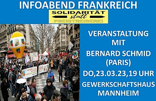 Ankündigung der Veranstaltung mit Bernard Schmid am 23.03.2023.