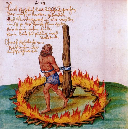 Verbrennung des Bauernführers Rohrbach, 1525. (Bild: Kolorierte Zeichnung von 1550. [Gemeinfrei].)