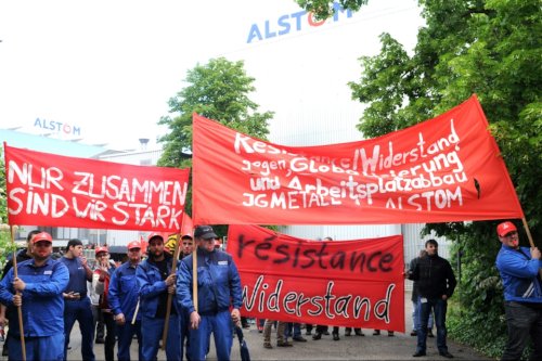 Protest bei Alstom Power in Mannheim, 13. Mai 2014. (Foto: Helmut Roos. Bearbeitung: Avanti²). Protest bei Alstom Power in Mannheim, 13. Mai 2014. (Foto: Helmut Roos. Bearbeitung: Avanti²).