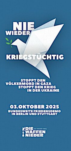 Werbeflyer bundesweite Friedensdemos am 3.10.2025. Werbeflyer bundesweite Friedensdemos am 3.10.2025.