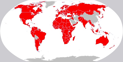 Rot eingefärbt die globale Verbreitung der IGB-Gewerkschaften. (Grafik: Gemeinfrei - CC BY-SA. 4.0. )