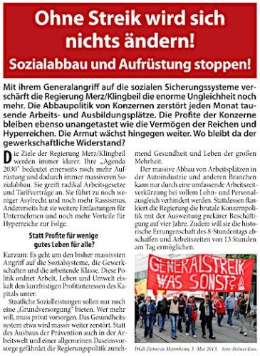 Ohne Streik wird sich nichts änder! Sozialabbau und Aufrüstung stoppen! - Flubblatt der ISO Rhien-Neckar.